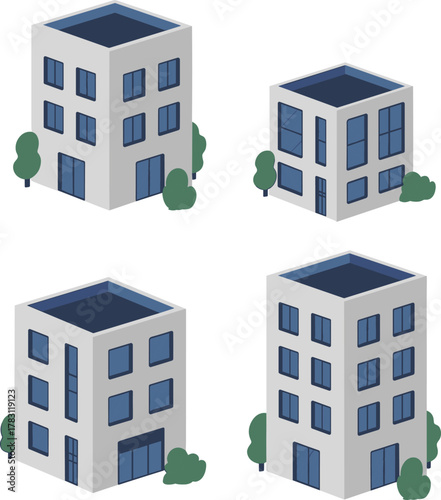 Modern isometric apartment buildings illustration, contemporary city architecture design, urban residential complex, real estate development, exterior view, digital vector art, housing