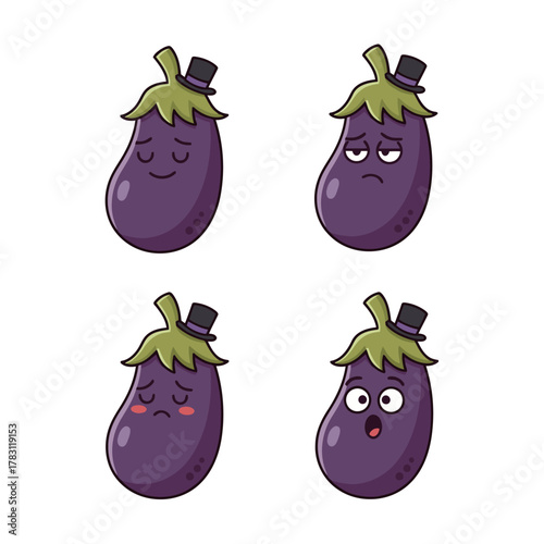 Elegant cartoon eggplant with a top hat character set, featuring sophisticated emotions like pleased, grumpy, shy, and astonished expressions