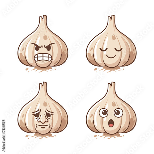 Expressive cartoon garlic bulb emotions set, featuring a fierce angry face, a serene happy face, a deeply sad/tired face, and a shocked surprised face