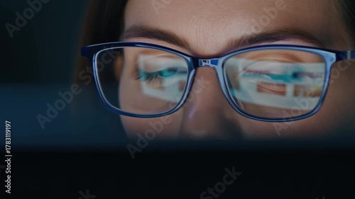 Close-up of a person's eyes with eyeglasses, reflecting digital screen light Stock Video