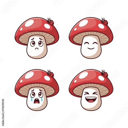 Charming cartoon toadstool mushroom character set with a ladybug, featuring emotions like worry, happiness, crying sadness, and ecstatic laughter
