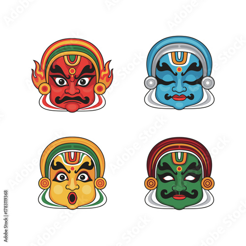 Collection of colorful and stylized Kathakali dance mask illustrations, showing different emotional expressions such as anger, calm, shock, and determination