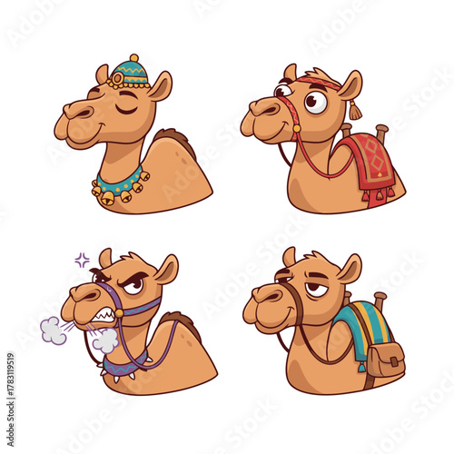 Expressive cartoon dromedary camel character set, adorned with various accessories and showcasing emotions like calm/proud, curious, angry/grumpy, and cunning/smug
