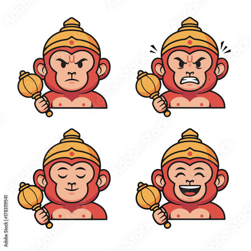 Cartoon Hindu deity Hanuman monkey character set, holding a mace (gada), featuring expressions of stern, angry, calm, and joyful faces