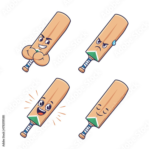 A set of stylized cartoon cricket bat character expressions, featuring a confident winner, an angry/frustrated face, a joyful, enthusiastic smile, and a calm, composed look