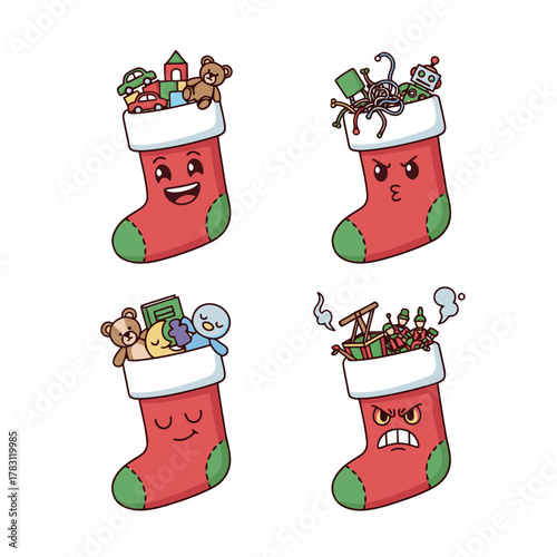 Set of Christmas Stocking Cartoon Characters Filled with Toys and Coal: Happy with Full Stocking, Annoyed with Tangled Junk, Peaceful Sleep with Toys, and Angry with Broken Gifts, Vector Icons