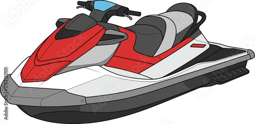 Modern jet ski illustration, red and white personal watercraft, marine transport, summer water sport vehicle, recreational sea riding scooter