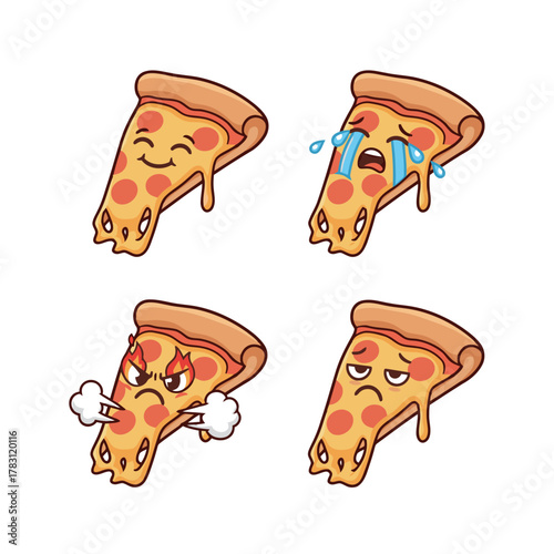 Set of Pizza Slice Cartoon Characters Displaying Various Emotions: Happy Smile, Crying Sadness, Angry Rage, and Moody Displeasure, Italian Food Vector Icons