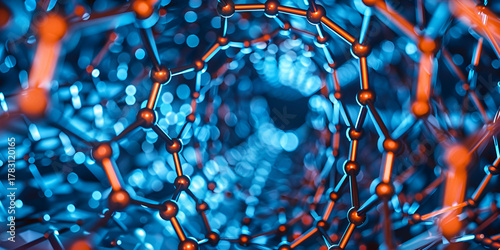 Abstract Glowing Molecular Network in Blue and Orange