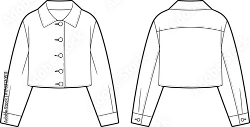 CAD drawing flat vector illustration, cropped jacket template, front and back view, fashion technical sketch, outerwear clothing design