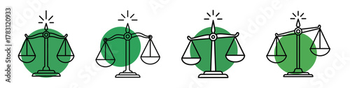 Set of four line art icons of scales of justice with green circles, representing law, balance, and fairness.