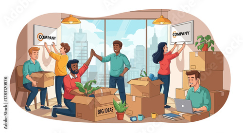 Vibrant team celebrates new office setup, high-fiving and unpacking boxes filled with big ideas and company spirit.