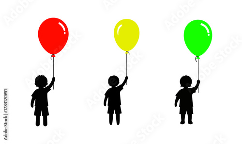 Three children silhouetted against a white background, each holding a balloon.