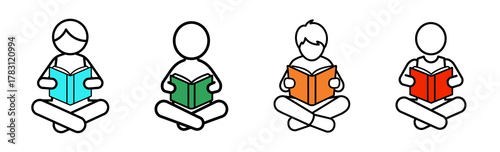 Four stick figures sitting cross-legged, each reading a book with different colored covers.