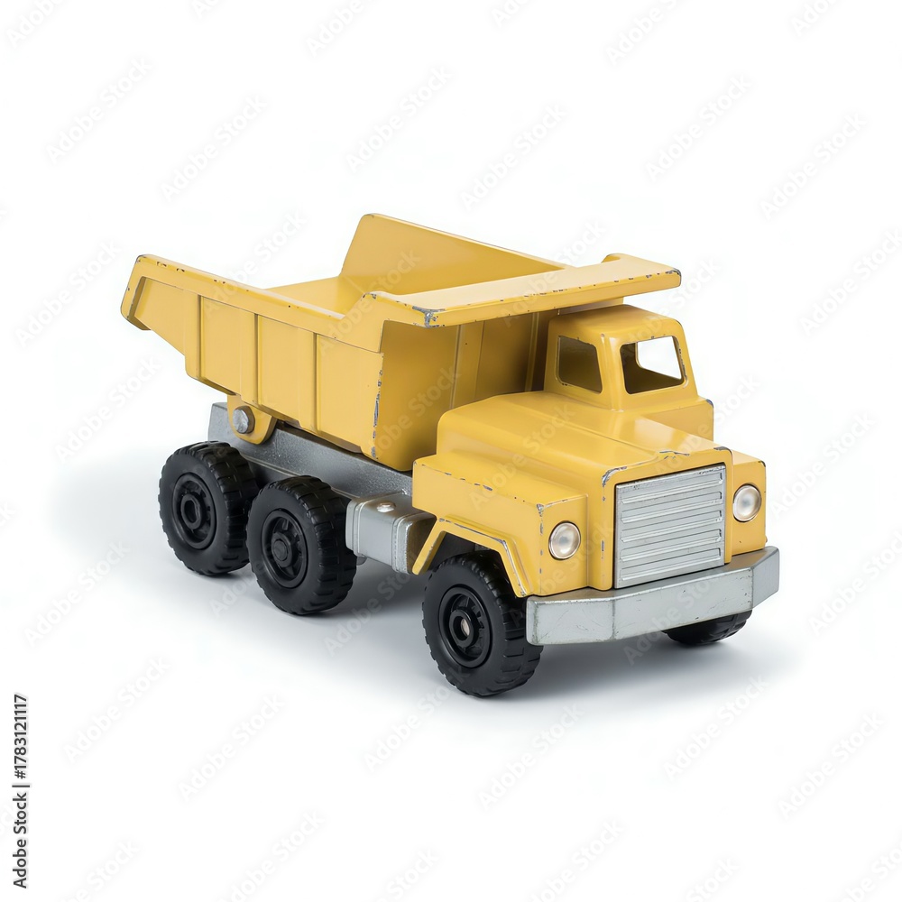 Naklejka premium Vintage Yellow Metal Die-Cast Dump Truck on a White Background