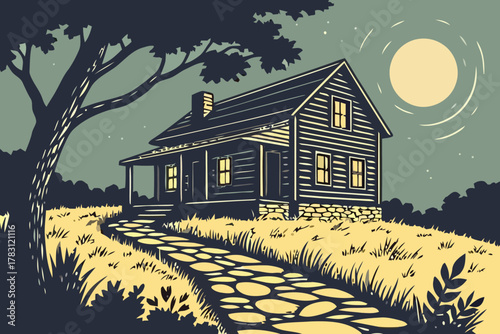 Charming rustic log cabin illustration nestled in a tranquil countryside scene under a bright full moon