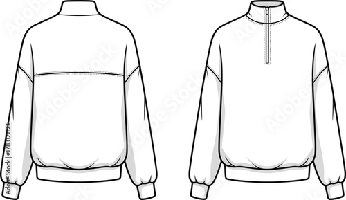 CAD drawing flat vector illustration, half zip sweatshirt template, front and back view, fashion technical sketch, casual pullover design