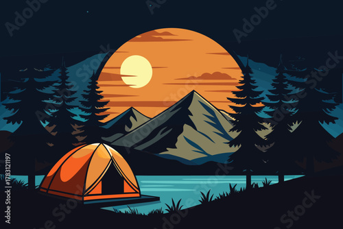 Vibrant camping scene at dusk with a tent by a serene lake, majestic mountains, and a glowing sun setting behind pine trees