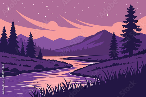 A tranquil nightscape illustration of a serene river winding through a mountain valley with pine trees under a beautiful starry purple sky