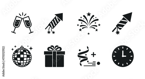 New Years Eve Celebration Icons Set.
