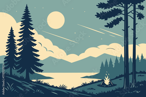 Tranquil camping scene illustration with a glowing campfire, pine trees, and a starry night sky over a mountain lake
