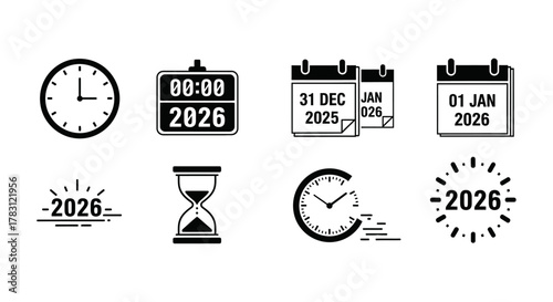 Set of 2026 New Year countdown and time related icons.
