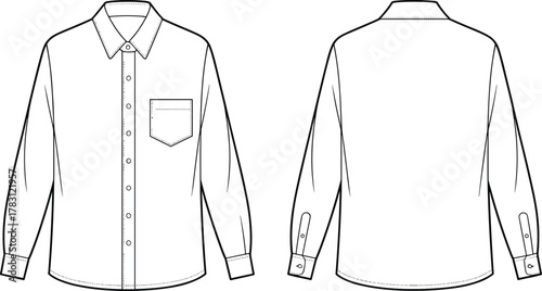 CAD drawing flat vector illustration, long sleeve shirt template, front and back view, fashion technical sketch, formal shirt design