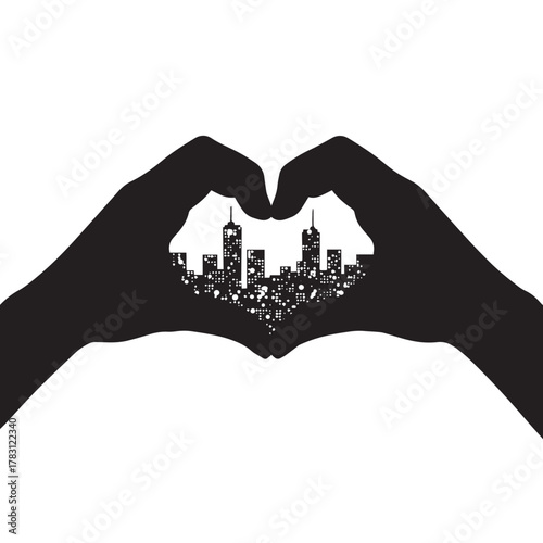 Silhouette of hands forming a heart shape, with city lights inside