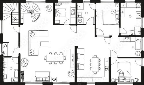 Modern minimalist architectural floor plan, spacious open living area, contemporary home layout, functional design for stylish interior inspiration, blueprint concept.