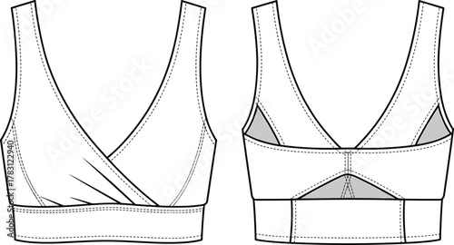 CAD drawing flat vector illustration, sports bra template, front and back view, fashion technical sketch, activewear clothing design