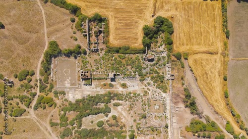 Balat, Turkey. Aerial view of the Capito Roman Baths and South Agora complex at Miletus archaeological site. Aerial View, HEAD OVER SHOT with rotation