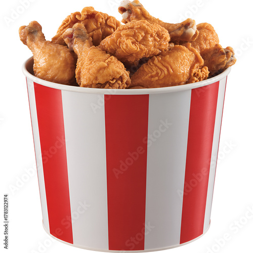A bucket overflowing with golden crispy fried chicken pieces