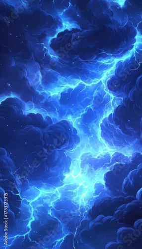 Vibrant blue and turquoise lightning strikes illuminate dark stormy clouds in a dramatic sky