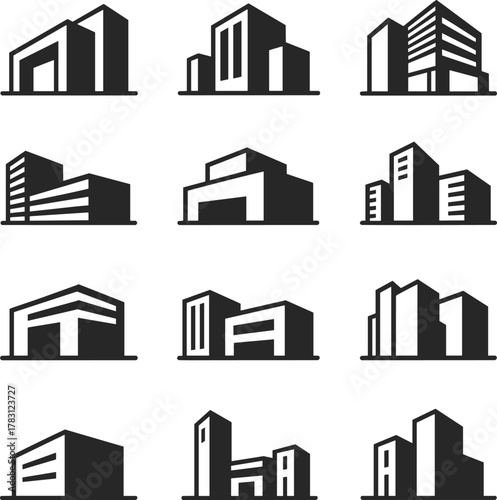 Modern office, commercial, and urban building vector icons in black silhouette style, perfect for architecture, city planning, real estate, and construction design.