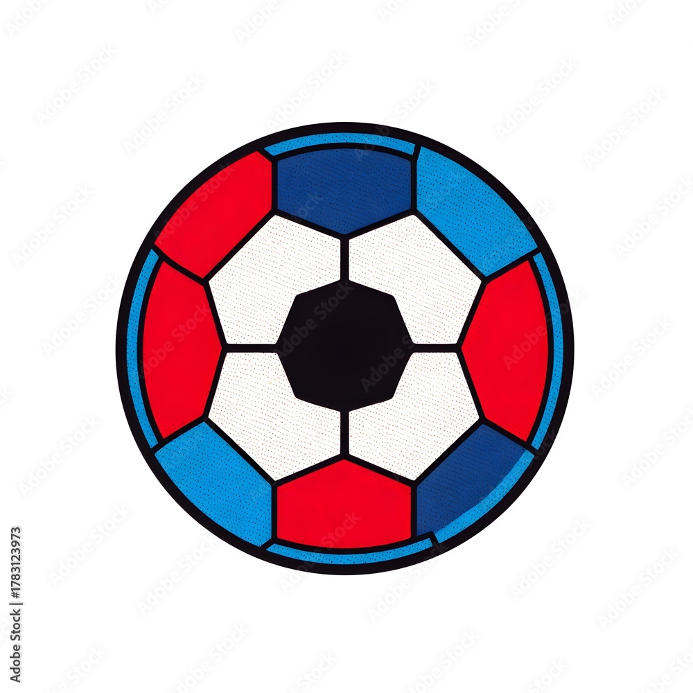 Fototapeta premium Dynamic red, white, and blue soccer ball design, perfect for sports branding, event promotion, and energetic graphics