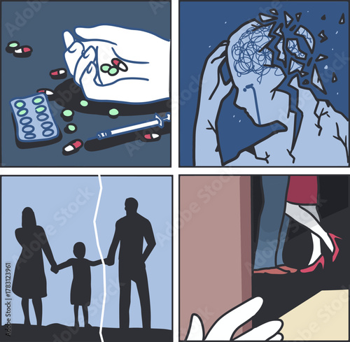 Emotional Pain and Social Problems Concept Art. Represents addiction, depression, divorce, infidelity, and emotional struggles. Ideal for awareness campaigns, psychology, and social issue concepts