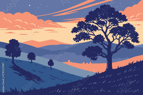 Tranquil vector landscape with majestic trees on rolling hills, bathed in the soft, warm glow of a beautiful sunset or sunrise over distant mountains