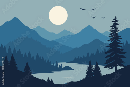Minimalist illustration tranquil mountain landscape at twilight. Serene blue peaks, calm lake, and silhouetted pine trees under a luminous moon, peaceful natural vista