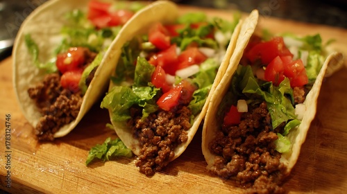 Soft tacos with ground beef lettuce tomato onions