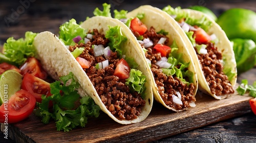 Soft tacos with ground beef lettuce tomato onions