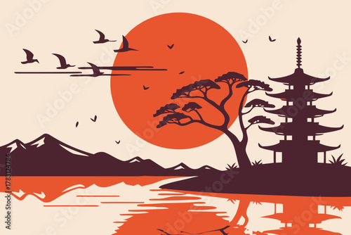Tranquil Japanese Landscape with Traditional Pagoda Silhouetted Against a Golden Sunset Over Reflecting Waters and Distant Mountains