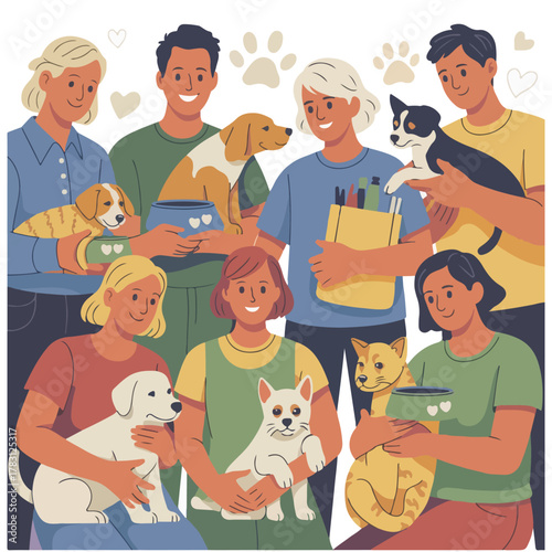 National Philanthropy Day illustration of diverse volunteers helping elderly, children, and animals, hands holding heart globe, donation box, charity event, giving back, teamwork, kindness