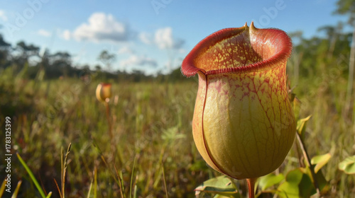 Close up of a pitcher plant with a blurred background of a grassy meadow
