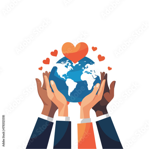 National Philanthropy Day illustration of diverse volunteers helping elderly, children, and animals, hands holding heart globe, donation box, charity event, giving back, teamwork, kindness