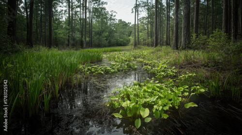 Lush green water plants growing in a swampy forest clearing