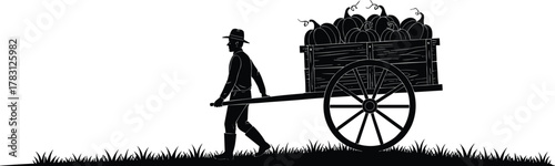 Silhouette of person pulling cart with pumpkins, harvest farming concept, agriculture labor, autumn season, cad drawing flat vector illustration