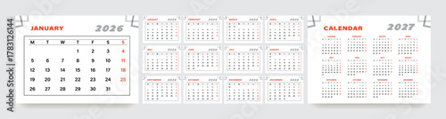2026 new year monthly calendar layout template design, planner, desk calendar for 2026 year