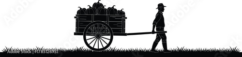 Silhouette of person pulling cart with pumpkins, rural harvest farming concept, agriculture labor, autumn season, cad drawing flat vector illustration
