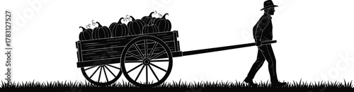 Silhouette of person pulling pumpkin cart, rural harvest farming concept, agriculture labor, autumn season, cad drawing flat vector illustration