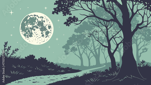 Mystical Forest Path Under Full Moon, Vector Illustration of a winding forest path under a large, glowing full moon and starry sky, creating a mystical atmosphere